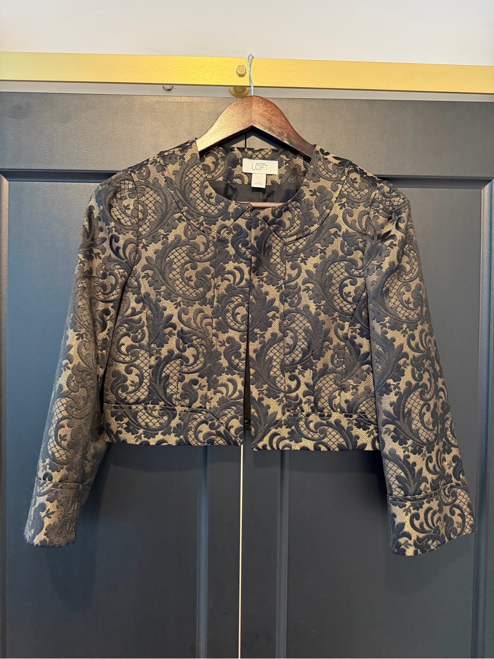 LOFT Metallic Black & Gold Brocade Cropped Jacket